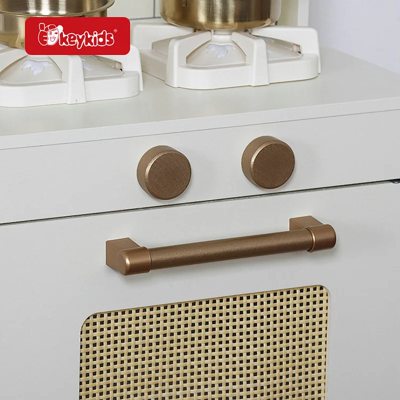 Modern Wooden Play Kitchen Set for Kids - Pretend Cooking Toy with Gold Accent, Sink, Stove & Utensil Storage W10C1042C